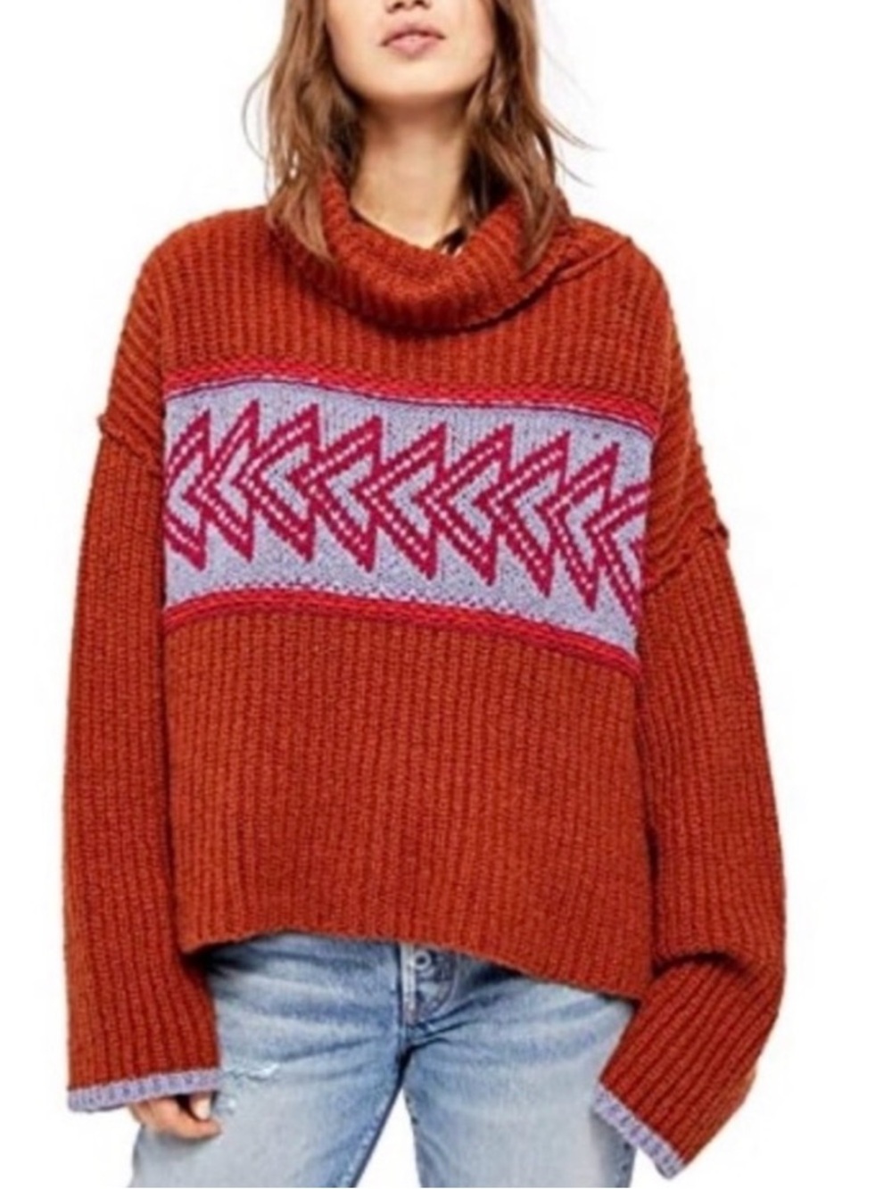 Free People Greater Than Cowl Neck Sweater Knit with Pattern